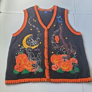 Vintage Sweater Vest Womens 2X Black Halloween Cat Pumpkin Embroidered